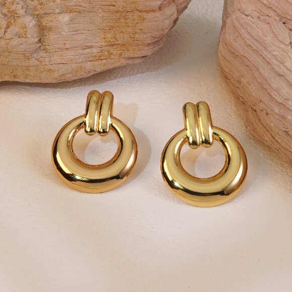 Gold Plated Circle Stud Earrings, Stainless Steel, Urban Elegant - Picture 2 of 9
